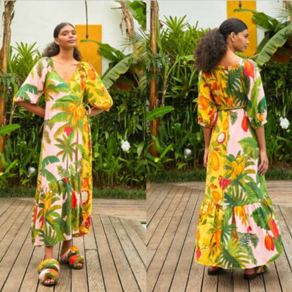 FARM RIO Mixed Prints Midi Wrap Dress